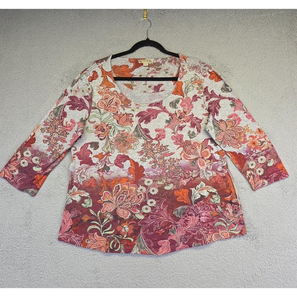Y2K Energe Top Womens XL Gray Ombre Knit Floral Fairy Grunge Tee Shirt‎ Boho - Picture 1 of 13